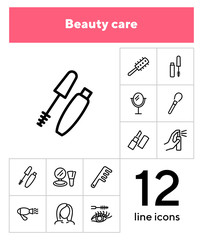 Poster - Beauty care line icon set. Mascara, brush, lipstick. Beauty concept. Can be used for topics like beauty salon, hair style, makeup