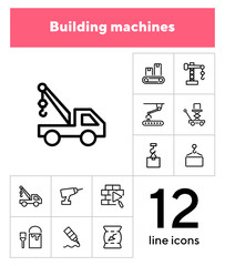 Canvas Print - Building machines icons. Set of line icons on white background. Block, engineer, system. Construction concept. Vector illustration can be used for topics like design, manufacturing, industry