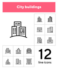 Sticker - City buildings line icon set. Office building, apartment house, business area. Urban life concept. Can be used for topics like town, big city, architecture