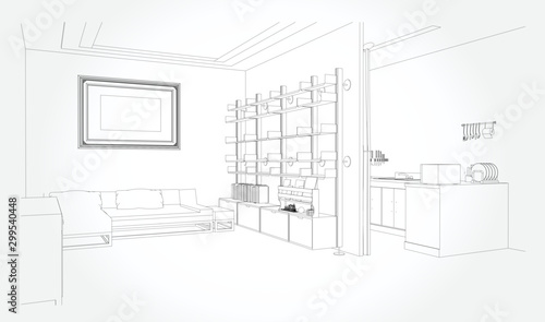 Linear Sketch Of An Interior Sketch Line Living Room