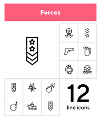 Wall Mural - Forces line icon set. Shoulder strap, gun, bomb, ship. Military concept. Can be used for topics like army, war, defense, national security