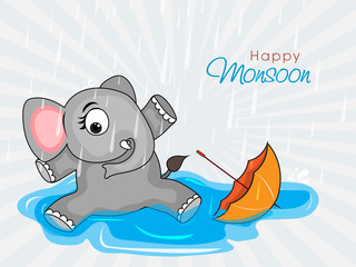 Poster - Little elephant in rains for Monsoon concept.