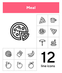 Wall Mural - Meal line icon set. Set of line icons on white background. Food concept. Pizza, lemonade, banana. Vector illustration can be used for topics like supermarket, cooking