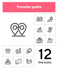 Sticker - Traveler paths line icon set. Map, route, itinerary. Travel concept. Can be used for topics like navigation, location, guide