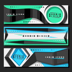 Vector set of horizontal futuristic Banners, 3 layouts for website headers with geometric abstract pattern and copy space for advertising text, design templates with gray background for presentation.