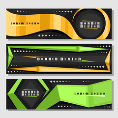 Wall Mural - Vector set of horizontal futuristic Banners, 3 layouts for website headers with geometric abstract pattern and copy space for advertising text, design templates with dark background for presentation.