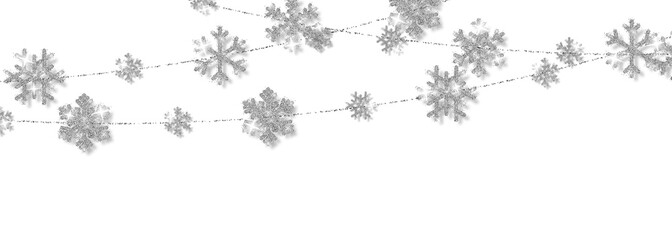 Christmas or New Year silver snowflake decoration garland on white background. Hanging glitter snowflake. Vector illustration