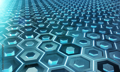 Glowing black and blue hexagons background pattern on silver metal surface 3D...