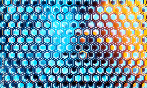 Glowing black blue and orange hexagons background pattern on silver metal sur...