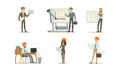 Poster - Set of images of an engineer at work. Vector illustration.