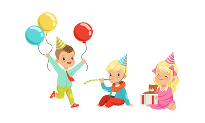 Wall Mural - Boys and girls celebrate a birthday. Vector illustration on a white background.