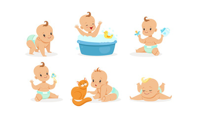 Poster - Cartoon babies in diapers. Vector illustration on a white background.