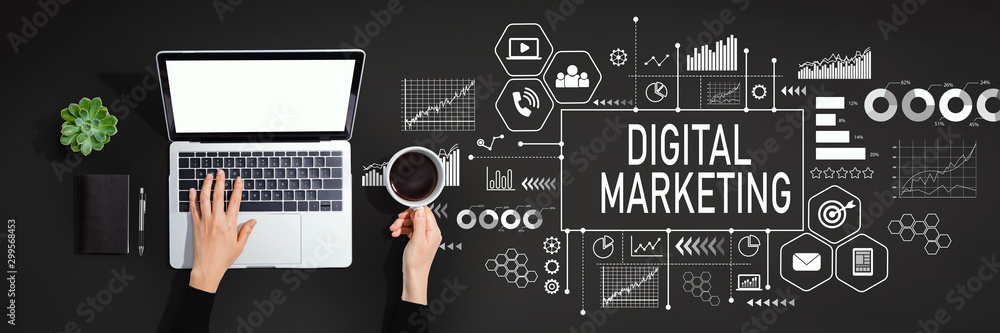 Digital marketing with person using a laptop computer - obrazy, fototapety, plakaty 