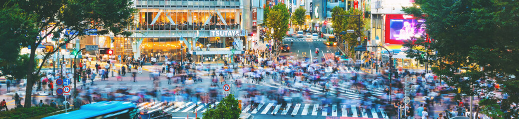 Wall Mural - People cross the famous intersection in Shibuya, Tokyo, Japan one of the busiest crosswalks in the world