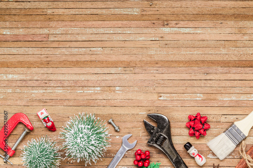 Merry Christmas And Happy New Years Handy Constrcution Tools Background Concept Handy House Fix Diy Handy Tools With Christmas Ornament Decoration On A Rustic Wooden Table Buy This Stock Photo And