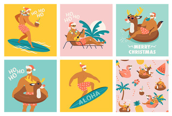 Christmas seamless set of card and pattern with cute funny Santa Claus animals with reindeer and flamingo inflatable ring. Tropical Christmas. Vector illustration.