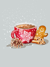 Red Cup With Hot Chocolate And Christmas Ornaments. Cinnamon Sticks, Gingerbread Cookies, Conifer Cone. Snow Falling. Holiday Vector