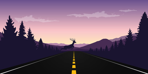 Wall Mural - elk jumps over paved road wildlife landscape vector illustration EPS10