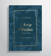 Wall Mural - Merry Christmas Abstract Vector Greeting Card or Holiday Poster. Classy Blue and Gold Colors and Typography. Soft Shadows and Sketch Pine Twigs, Strobile, Holly and Mistletoe Background.