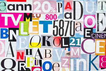 Wall Mural - Abstract collage of deifferent pieces magazine paper with letters and numbers.