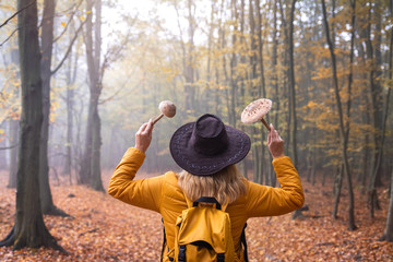 Hiker with hat holding two parasol mushrooms in misty forest at autumn