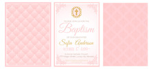 Baptism Cute Pink Invitation Template Card. Set Of Illustration For Baby Girl Christening Ceremony, Communion Or Confirmation. Little Princess Birthday, Baby Shower Background. Blush Soft Rose Color