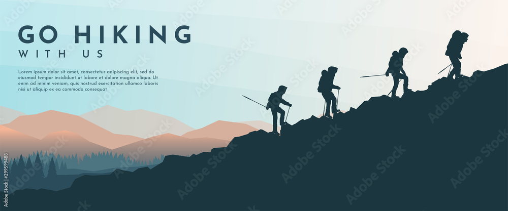 Vector template with tourists. Travel concept of discovering, exploring and observing nature. Hiking. Travelers climb with backpack and travel walking sticks. Website background. Flat landscape - obrazy, fototapety, plakaty 