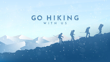 Vector background with tourists. Travel concept of discovering, exploring and observing nature. Winter hiking. Travelers climb with backpack and travel walking sticks. Blue winter snowy landscape