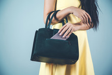 Woman Hand Phone With Bag In Studio