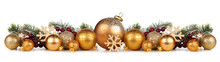 Christmas Border Of Gold Ornaments With Branches. Side View Isolated On A White Background.