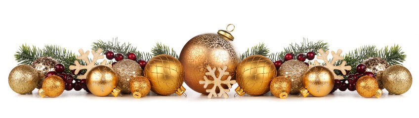 Wall Mural - Christmas border of gold ornaments with branches. Side view isolated on a white background.