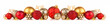 Christmas border of red and gold ornaments. Side view isolated on a white background.
