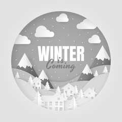 Wall Mural - Winter is coming. Winter Landscape Background. Papercut vector design. Vector illustration