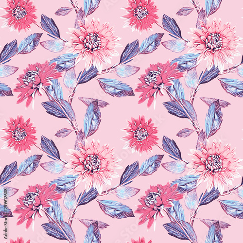 Dahlia flowers with leaves, seamless pattern.