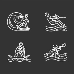 Poster - Watersports chalk icons set. Surfing, water skiing, rafting and sup boarding. Extreme kinds of sports. Summer vacation leisure, adventures. Beach activities. Isolated vector chalkboard illustrations