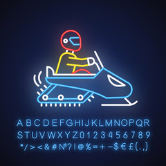 Sticker - Snowmobiling neon light icon. Winter extreme sport, risky activity and adventure. Snowmobile driving on snow covered surface. Glowing sign with alphabet. Vector isolated illustration