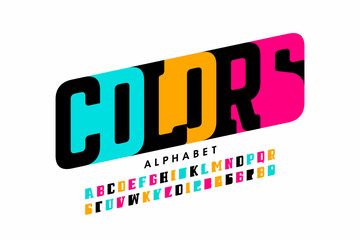 Modern font design, colorful alphabet, letters and numbers