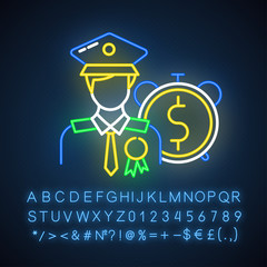 Sticker - Loans for veterans neon light icon. Credit for military man. Money for people who served in forces. Consolidation credit. Glowing sign with alphabet, numbers and symbols. Vector isolated illustration