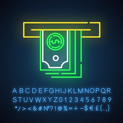 Sticker - Cash advance neon light icon. Lending money. Pay for credit, loan. Currency withdrawal from ATM. Managing finances. Glowing sign with alphabet, numbers and symbols. Vector isolated illustration