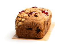 Mixed Fruit Loaf Cake With Almond Flakes Isolated On White
