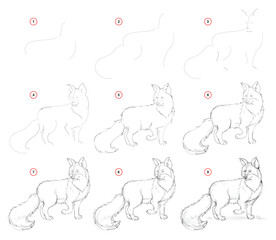 Wall Mural - how to draw from nature step by step sketch of cute fox. creation step-wise pencil drawing. educatio
