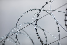 Shallow Depth Of Field (selective Focus) And Filtered Image With A Razor Wire On The Outside Wall Of A Governmental Institution On A Cloudy Day.