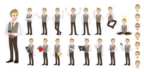 Wall Mural - Businessman cartoon character set. Handsome business man in office style smart shirt . Vector illustration