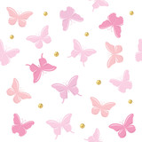 Butterflies with glitter polka dots seamless pattern background. Cute cartoons. Girly. Vector