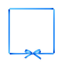 Blue Ribbon Border Frame With Bow Made With Gradients In Vector. Isolated On White Background
