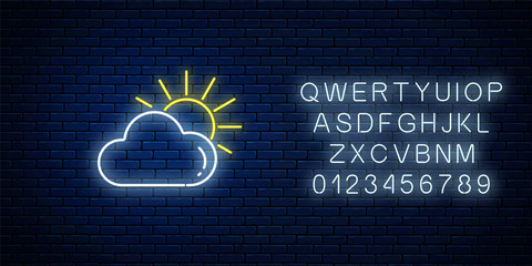 Glowing neon cloudy with sun weather icon with alphabet. Cloud symbol with sunny in neon style to weather forecast