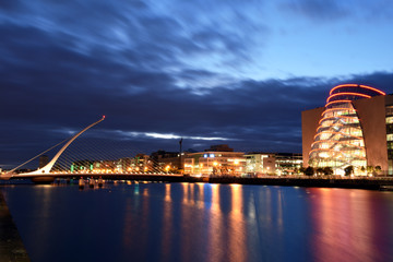 Samuel Beckett Bridge at night over Liffey river and docklands, Dublin, Ireland, the harp bridge 