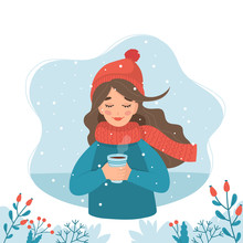 Cute Girl In Winter Holding A Cup With Winter Background And Snow. Vector Illustration In Flat Style