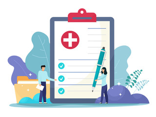 Medical form, medical report. Characters.Clipboard with a cross, pen and check marks. Informed consent, prescription, application form, health insurance, medical history concepts. Vector cartoon flat