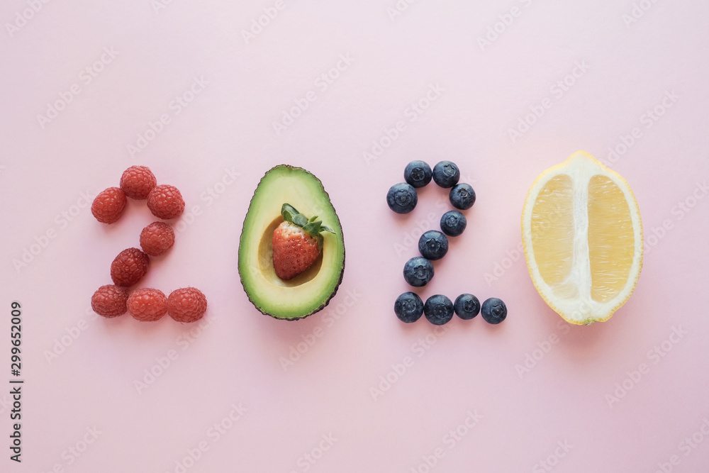 2020 made from healthy food on pastel background, Healhty New year resolution diet and lifestyle - obrazy, fototapety, plakaty 
